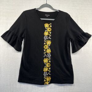 Allison Daley Shirt Womens Small Black Gold Floral 1/2 Bell Sleeve Cotton Poly